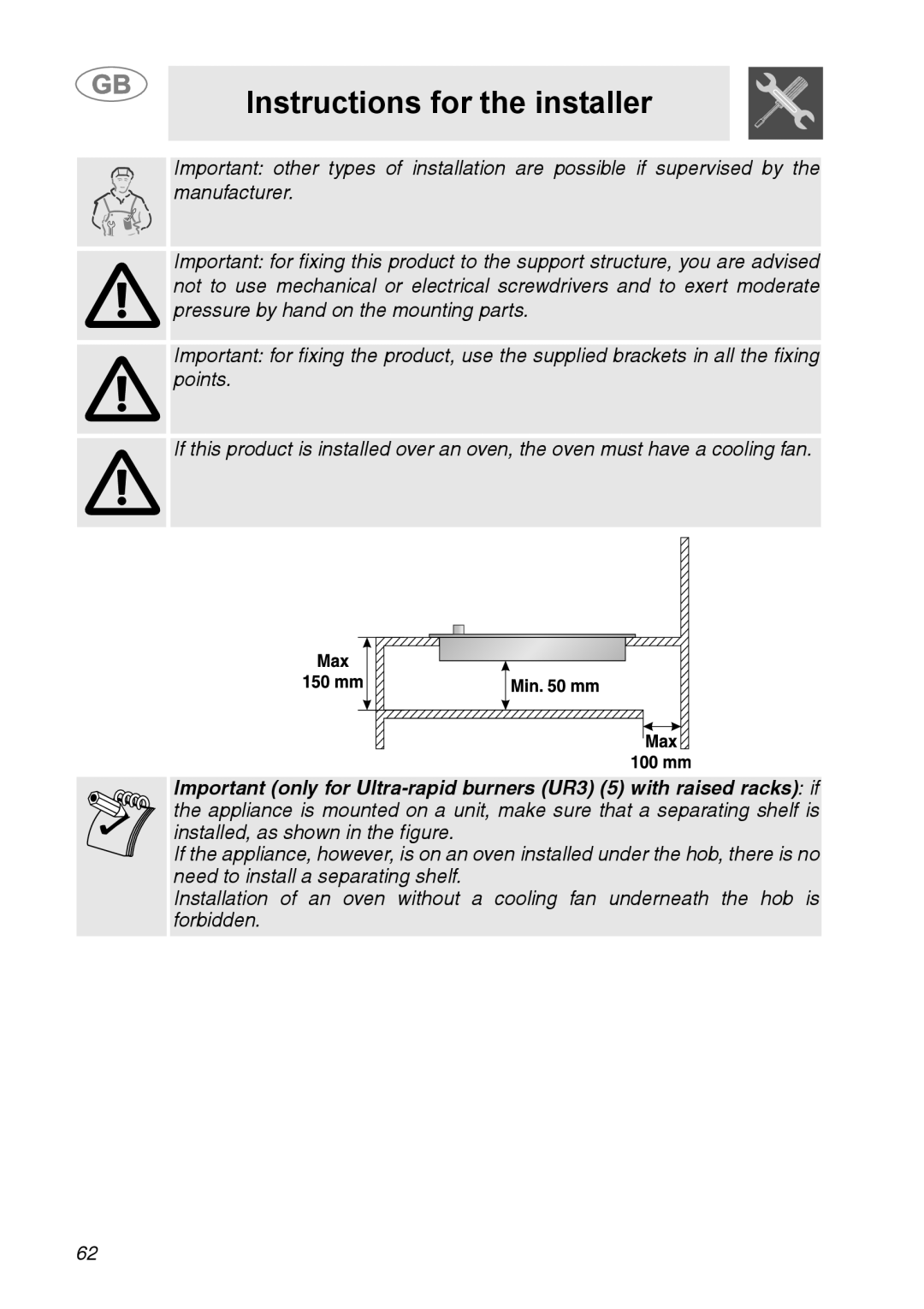 Smeg A31G7IXIA manual Instructions for the installer 