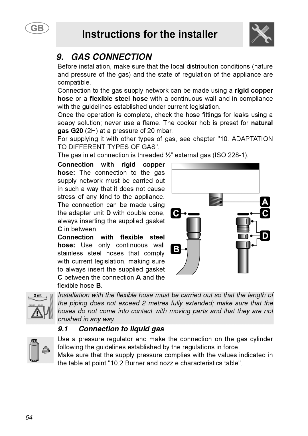 Smeg A31G7IXIA manual Gas Connection, Instructions for the installer, Connection to liquid gas 