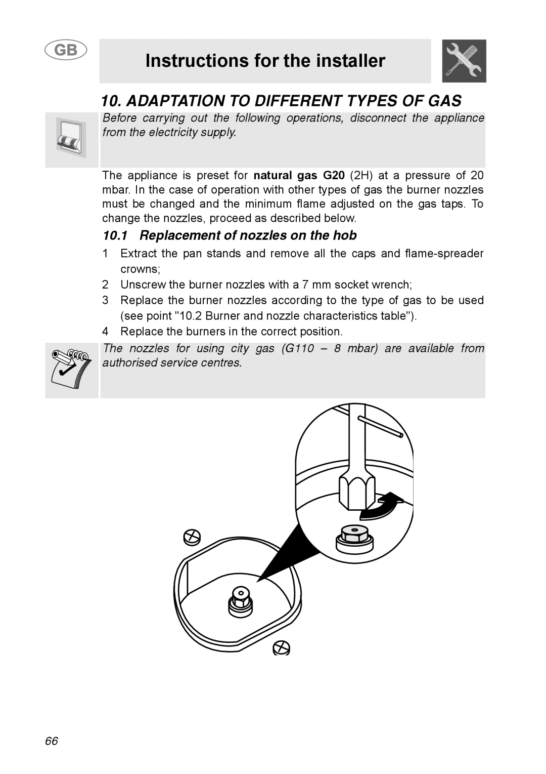 Smeg A31G7IXIA Adaptation To Different Types Of Gas, Instructions for the installer, Replacement of nozzles on the hob 