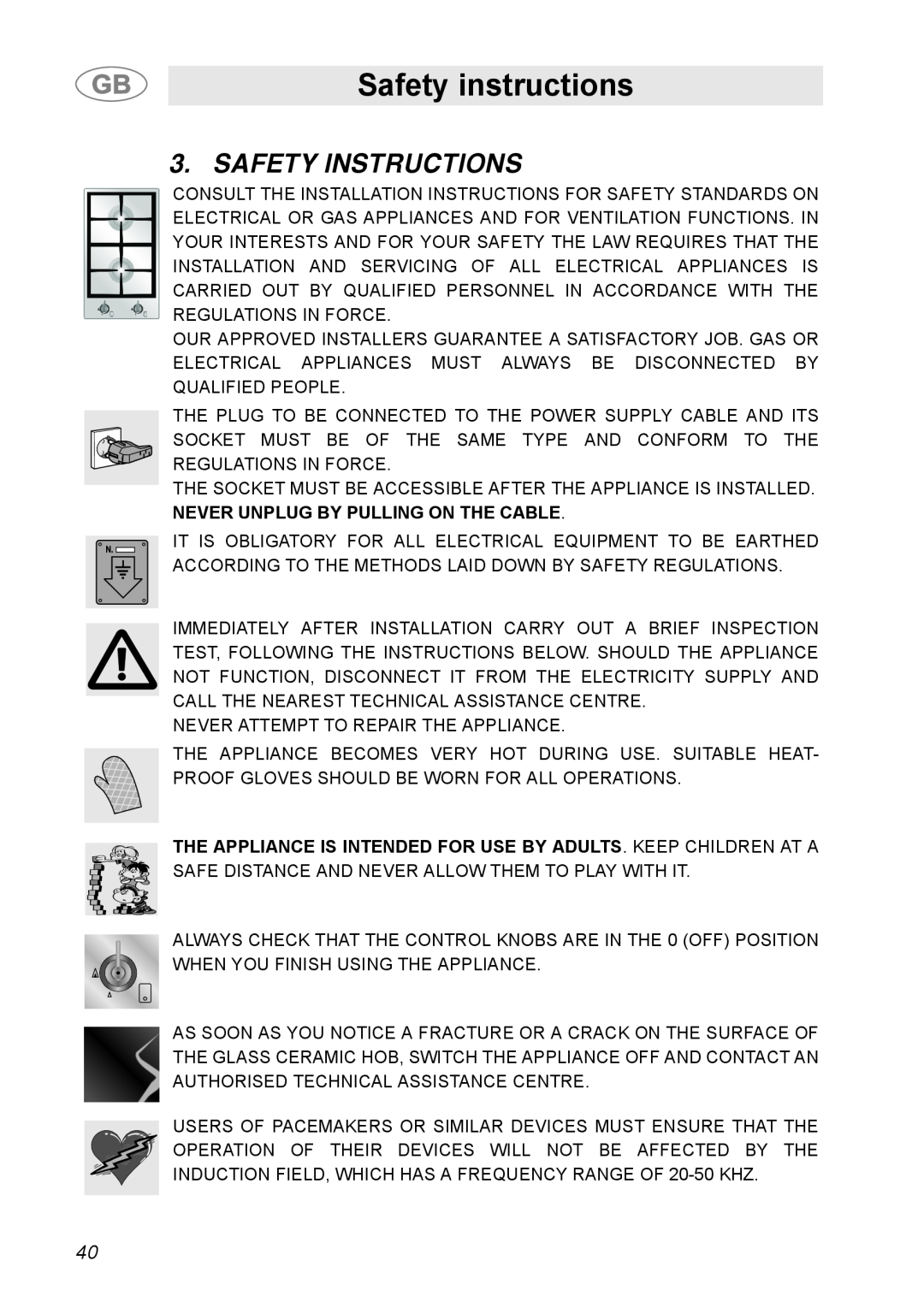 Smeg A31G7IXIA manual Safety instructions, Safety Instructions 