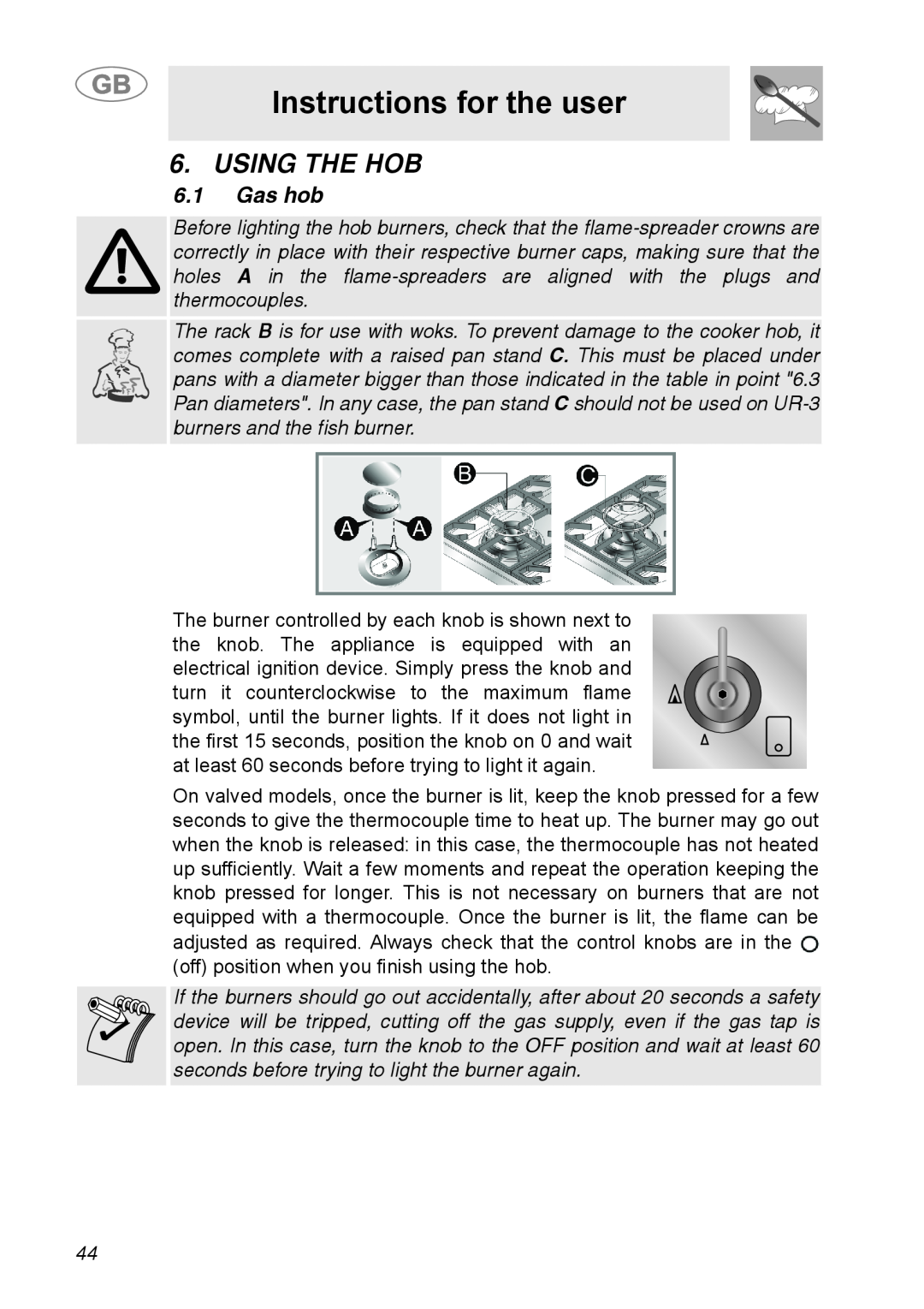 Smeg A31G7IXIA manual Using The Hob, Instructions for the user, Gas hob 