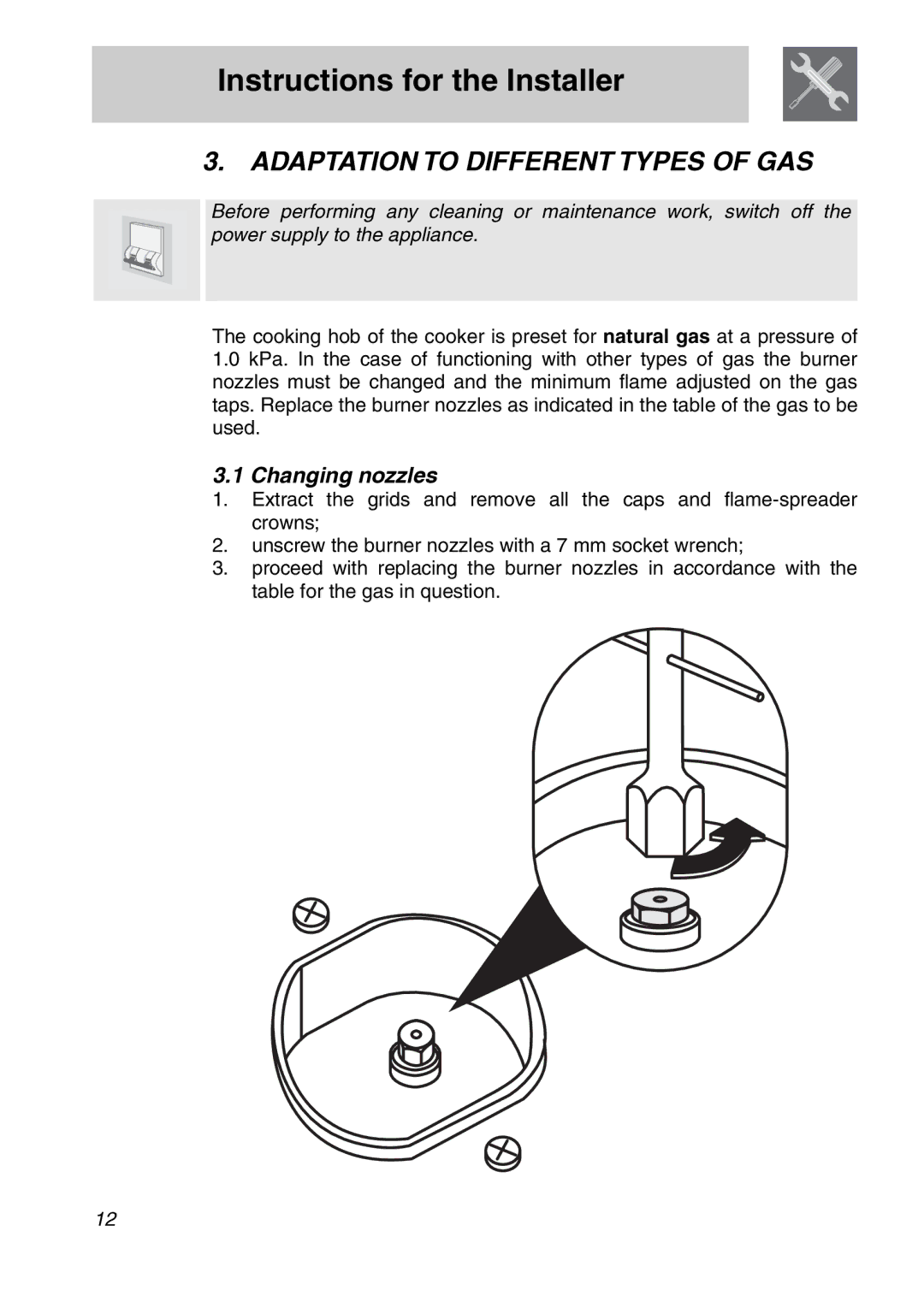 Smeg A31X-6 manual Adaptation to Different Types of GAS, Changing nozzles 