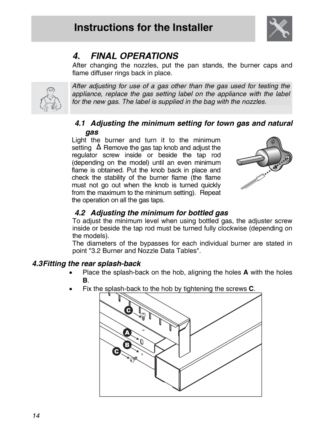 Smeg A31X-6 Final Operations, Adjusting the minimum setting for town gas and natural gas, 3Fitting the rear splash-back 