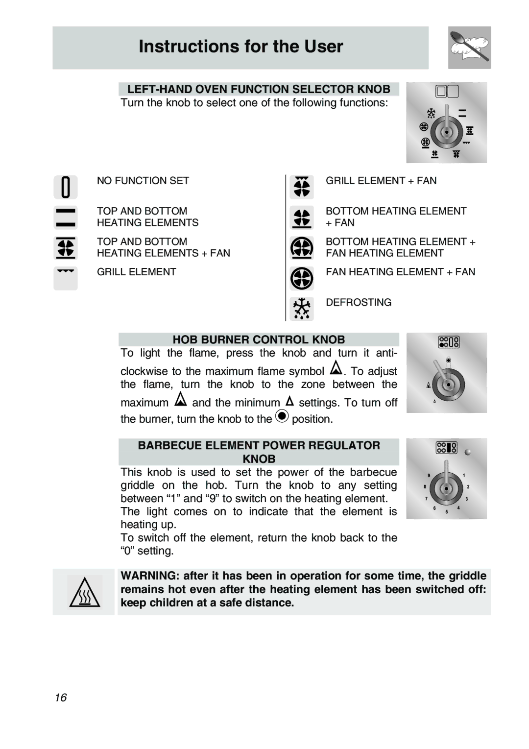 Smeg A31X-6 manual LEFT-HAND Oven Function Selector Knob, HOB Burner Control Knob, Barbecue Element Power Regulator Knob 