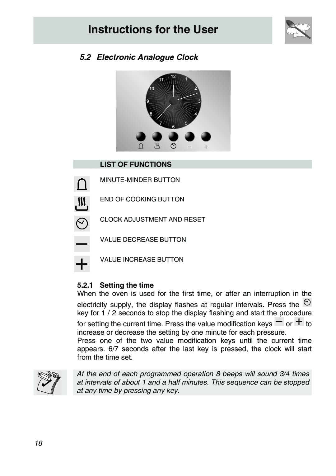 Smeg A31X-6 manual Electronic Analogue Clock, List of Functions, Setting the time 