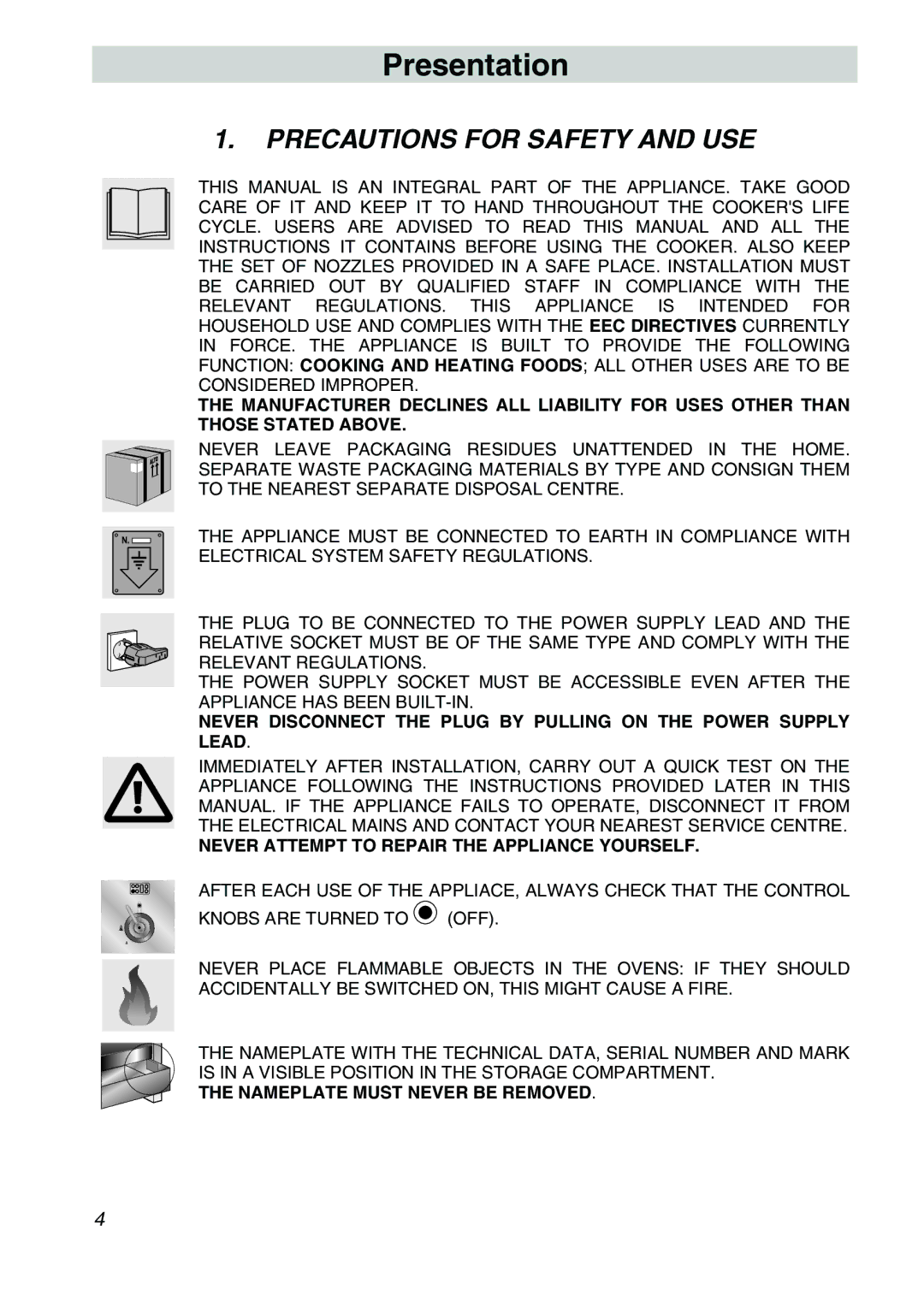 Smeg A31X-6 manual Presentation, Precautions for Safety and USE 