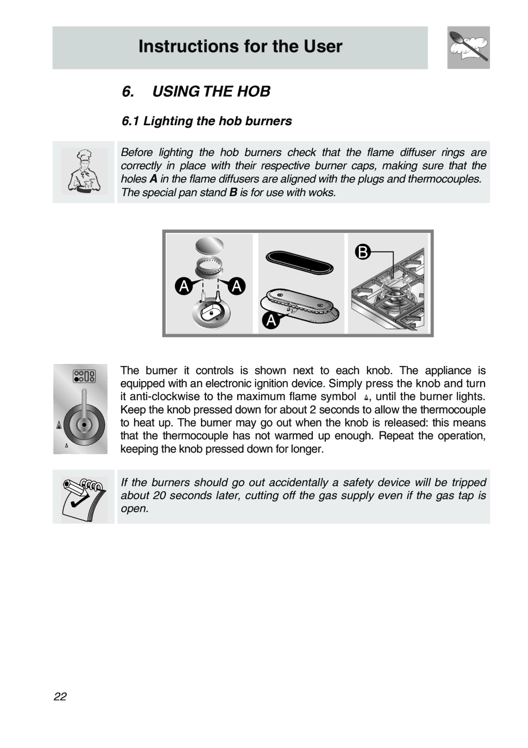 Smeg A31X-6 manual Using the HOB, Lighting the hob burners 