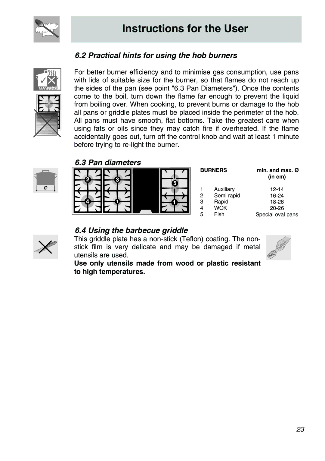 Smeg A31X-6 manual Practical hints for using the hob burners, Pan diameters, Using the barbecue griddle 