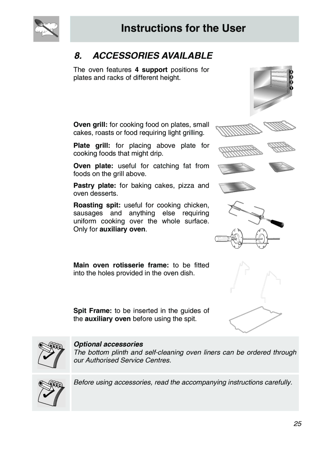 Smeg A31X-6 manual Accessories Available, Optional accessories 