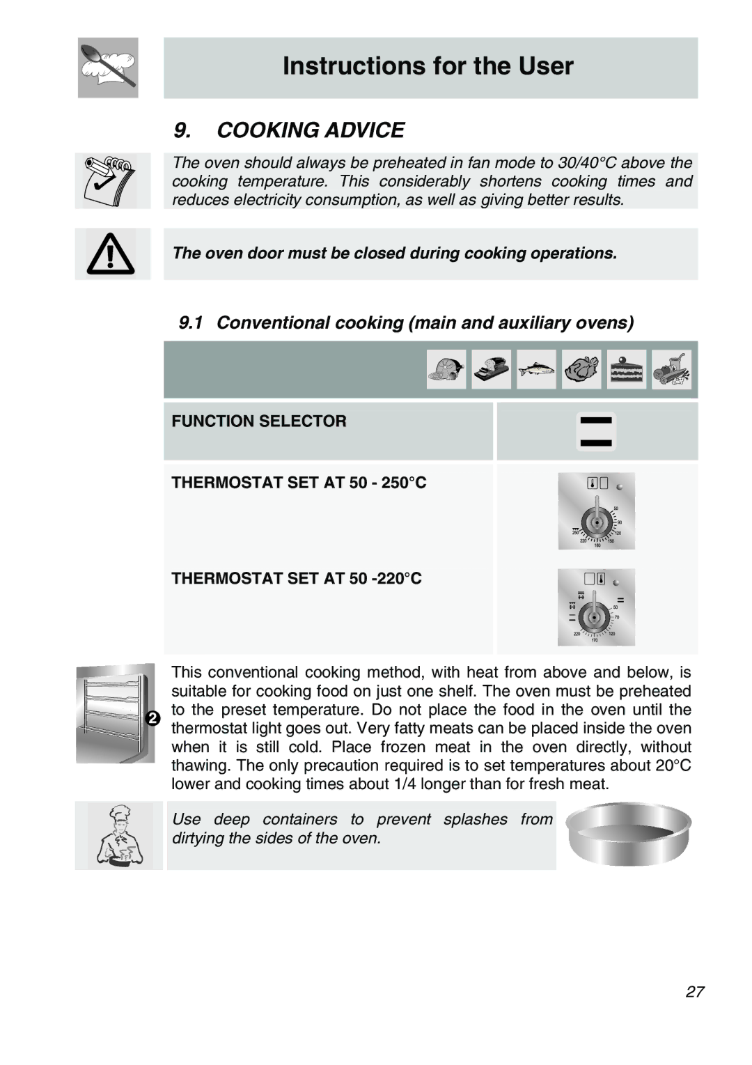 Smeg A31X-6 manual Cooking Advice, Conventional cooking main and auxiliary ovens 