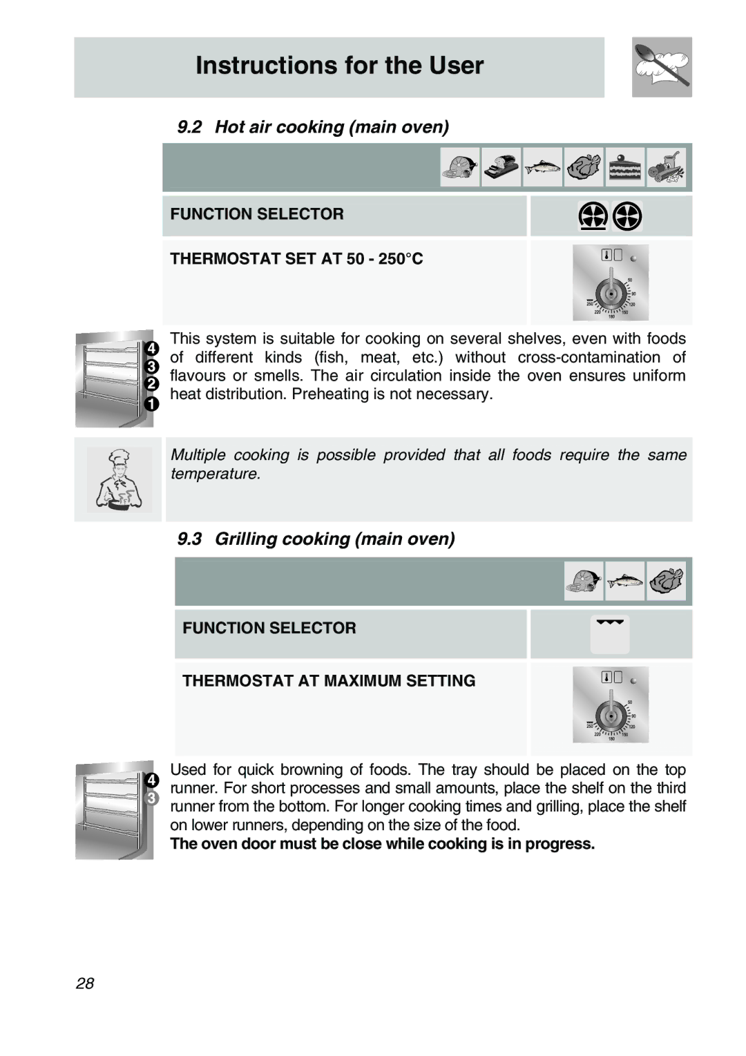 Smeg A31X-6 manual Hot air cooking main oven, Grilling cooking main oven, Function Selector Thermostat SET AT 50 250C 