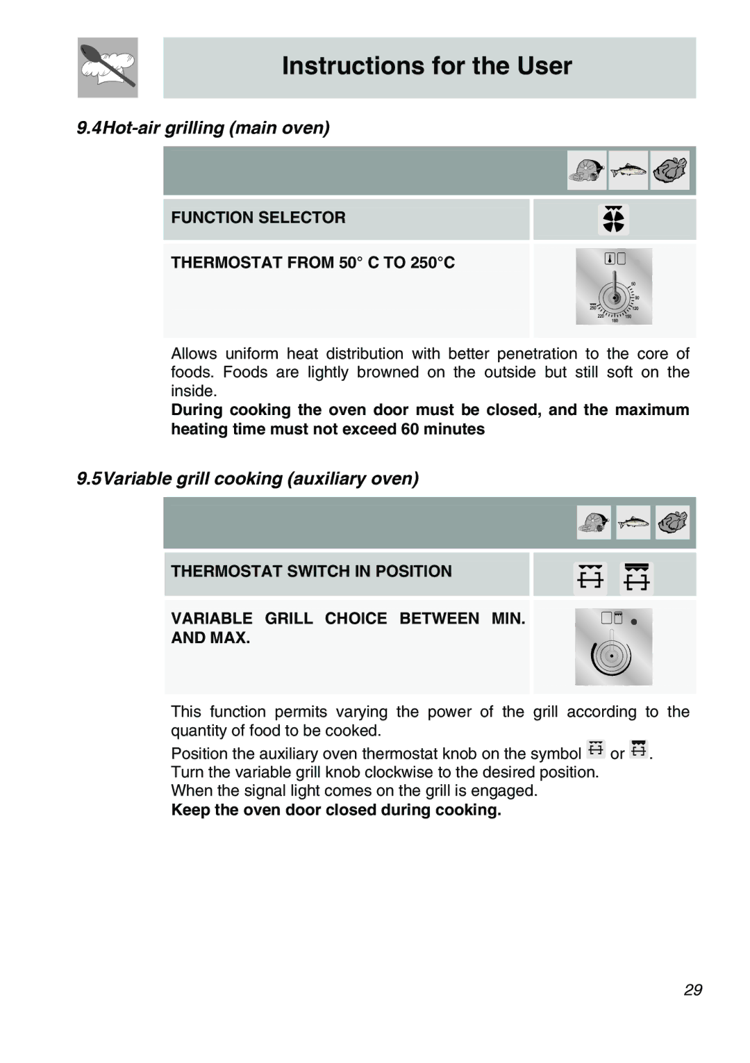 Smeg A31X-6 4Hot-air grilling main oven, 5Variable grill cooking auxiliary oven, Keep the oven door closed during cooking 