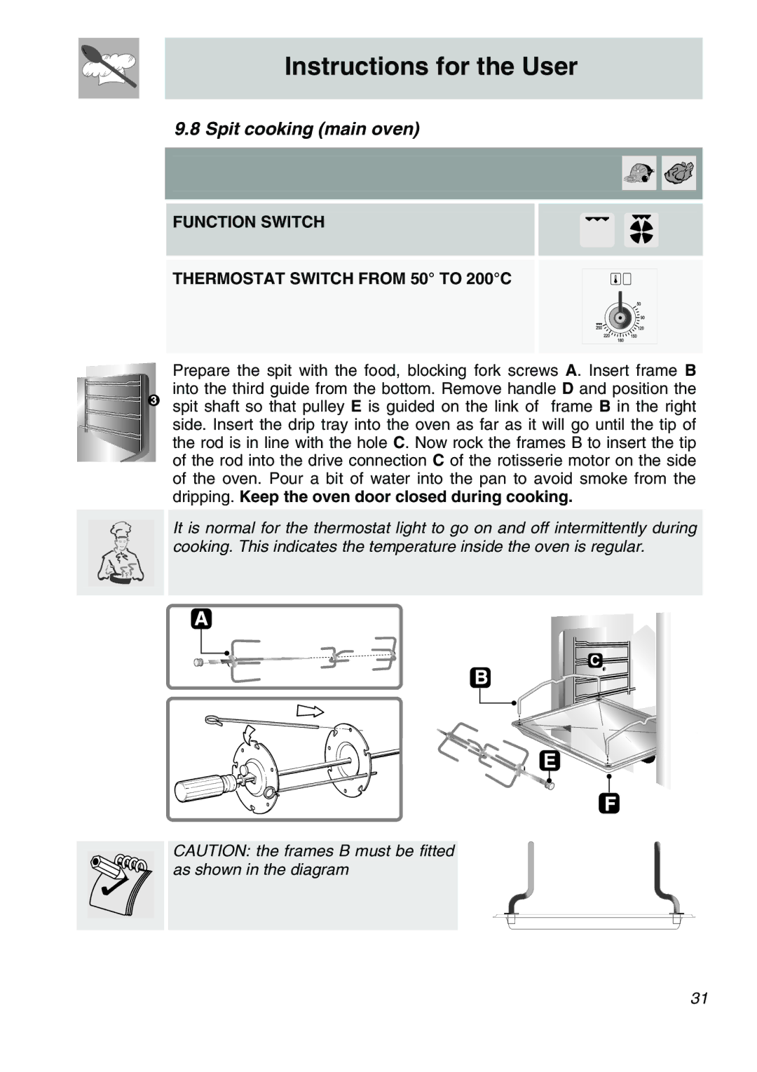 Smeg A31X-6 manual Spit cooking main oven, Function Switch Thermostat Switch from 50 to 200C 