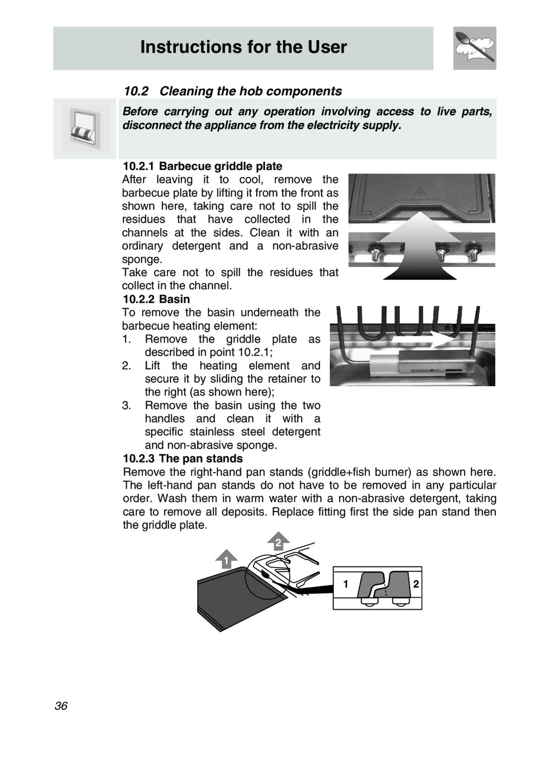 Smeg A31X-6 manual Cleaning the hob components, Barbecue griddle plate, Basin, Pan stands 