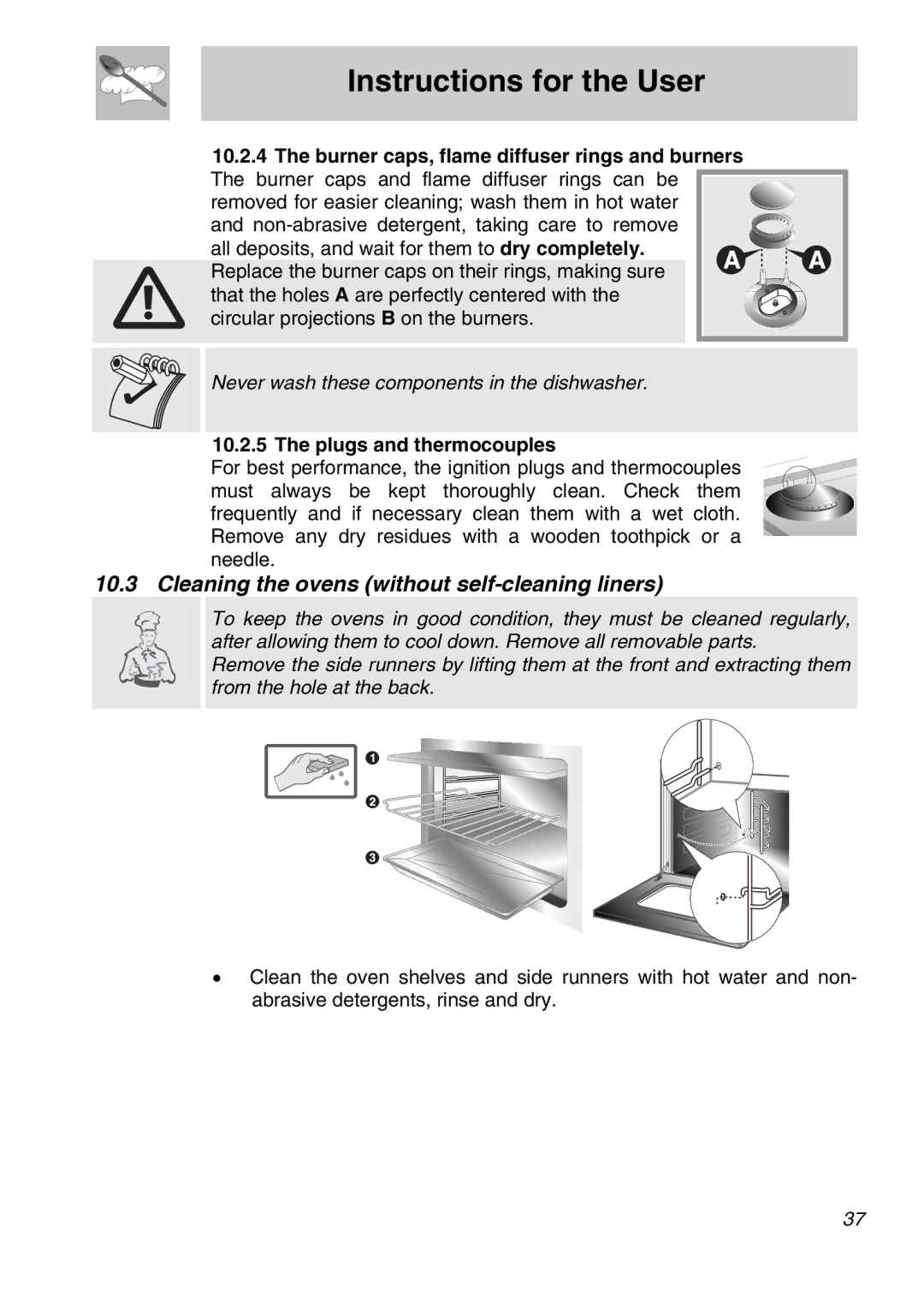 Smeg A31X-6 manual Cleaning the ovens without self-cleaning liners, Plugs and thermocouples 