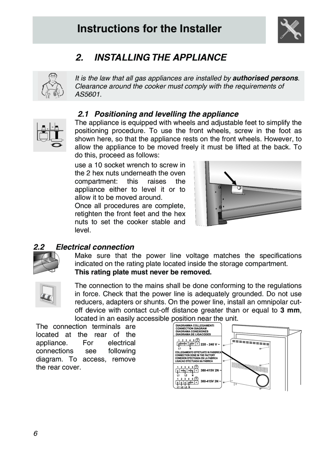 Smeg A31X-6 manual Installing the Appliance, Positioning and levelling the appliance, Electrical connection 