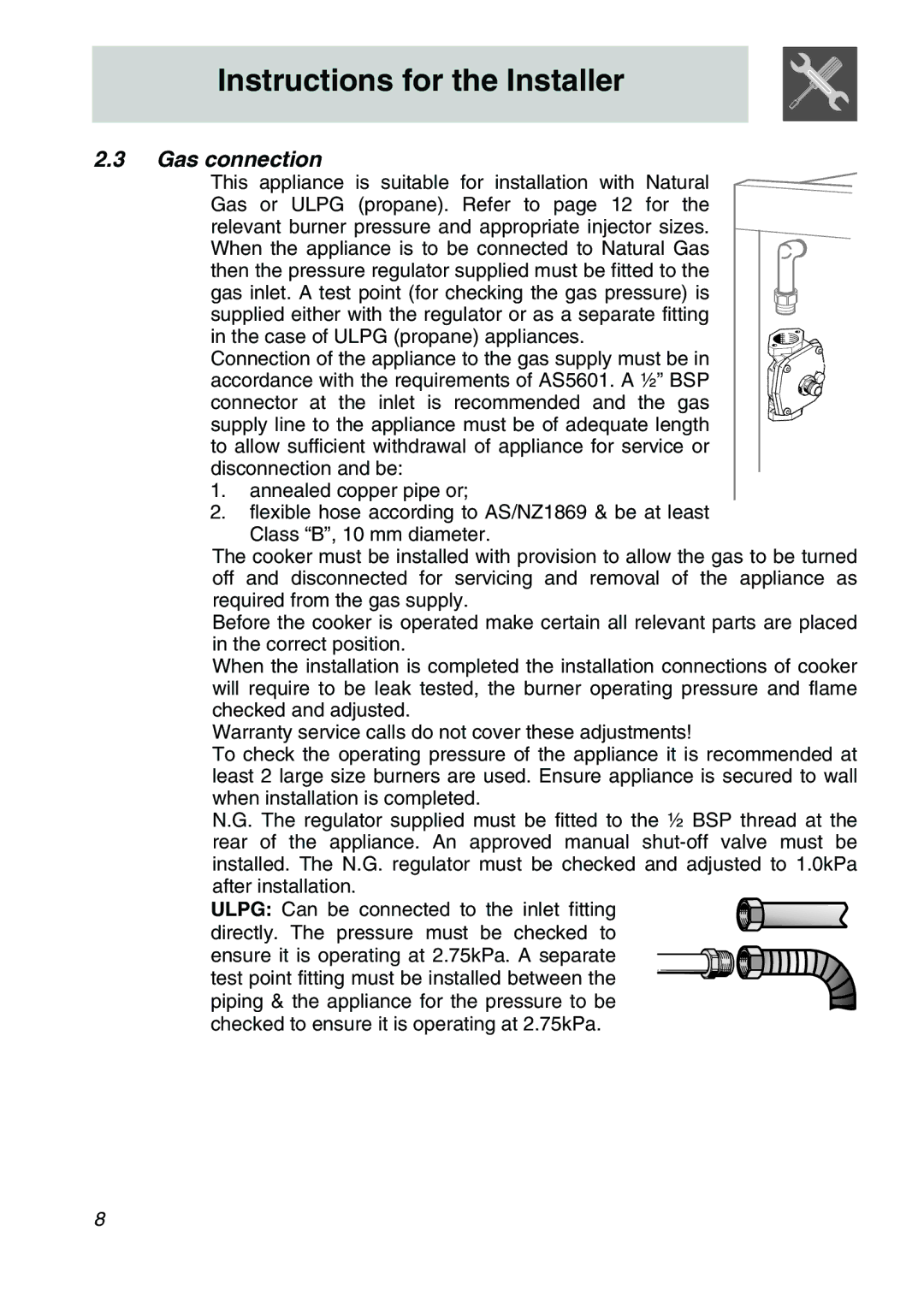 Smeg A31X-6 manual Gas connection 