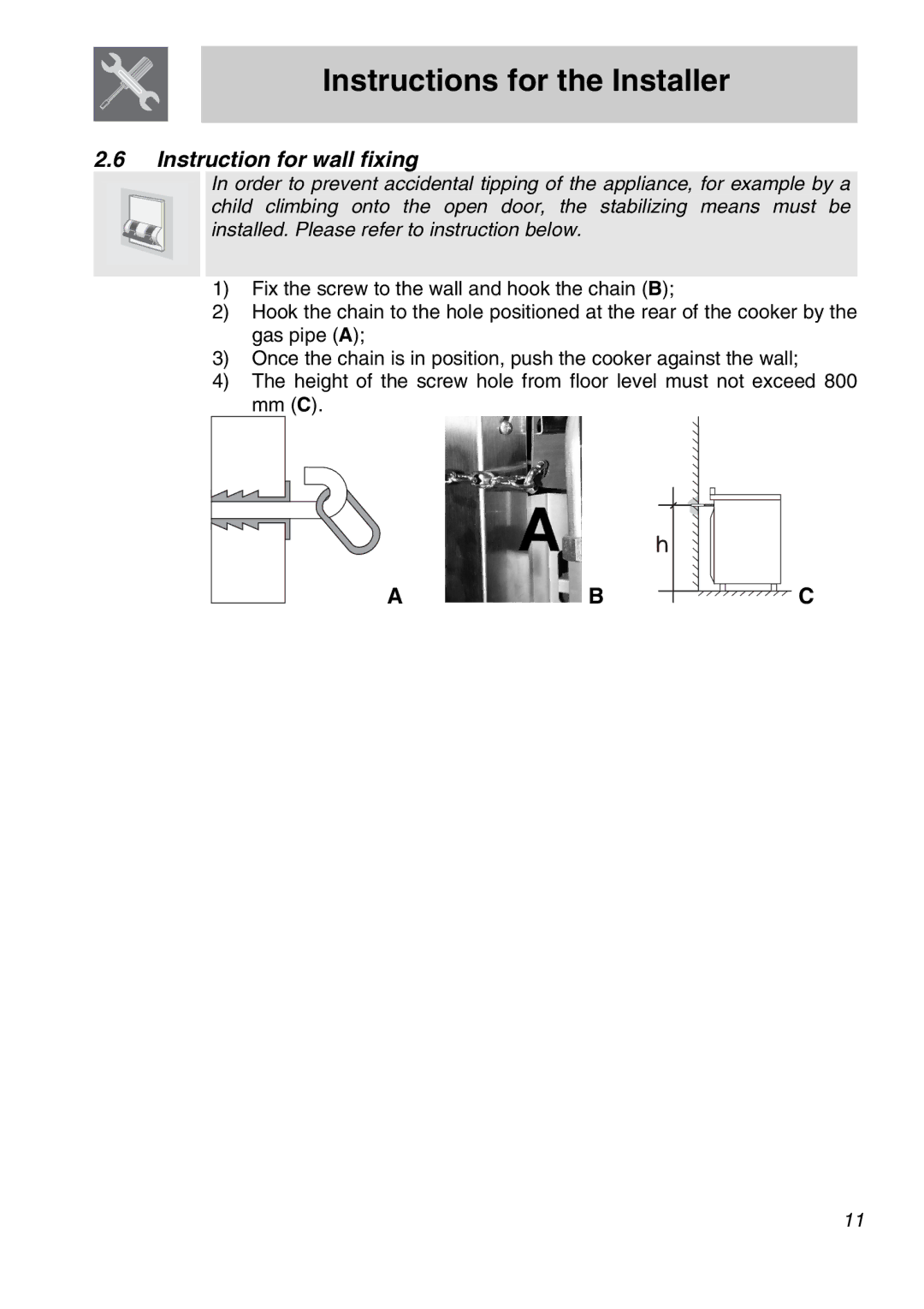 Smeg A31X-6 manual Instruction for wall fixing 