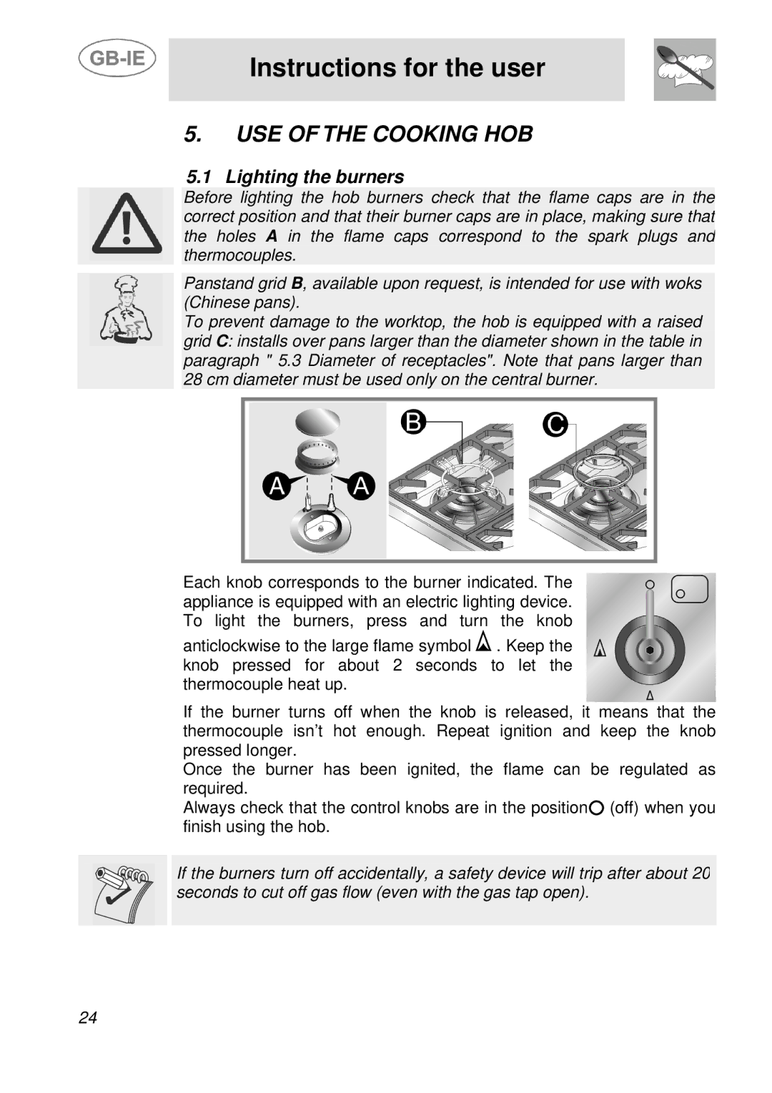 Smeg A21H7D2AA, A36A6PXAA, A30E6FXAA manual Instructions for the user, USE of the Cooking HOB, Lighting the burners 