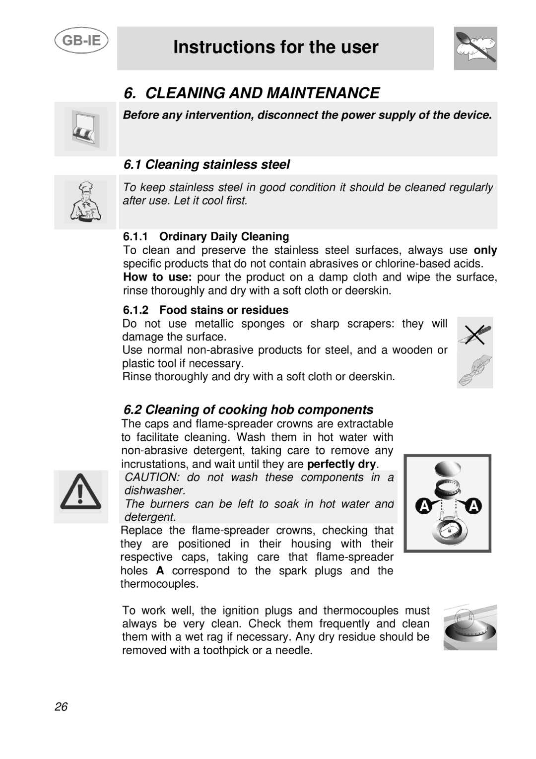 Smeg A36A6PXAA, A21H7D2AA, A30E6FXAA Cleaning and Maintenance, Cleaning stainless steel, Cleaning of cooking hob components 