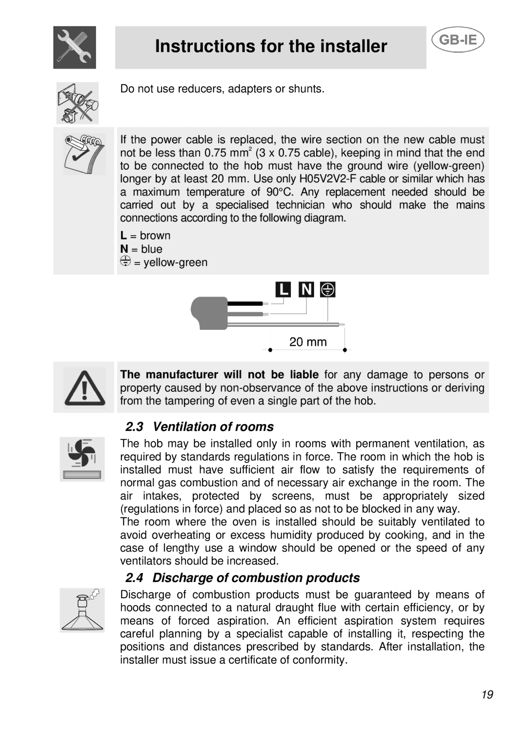 Smeg A30E6FXAA, A36A6PXAA, A21H7D2AA manual Ventilation of rooms, Discharge of combustion products 