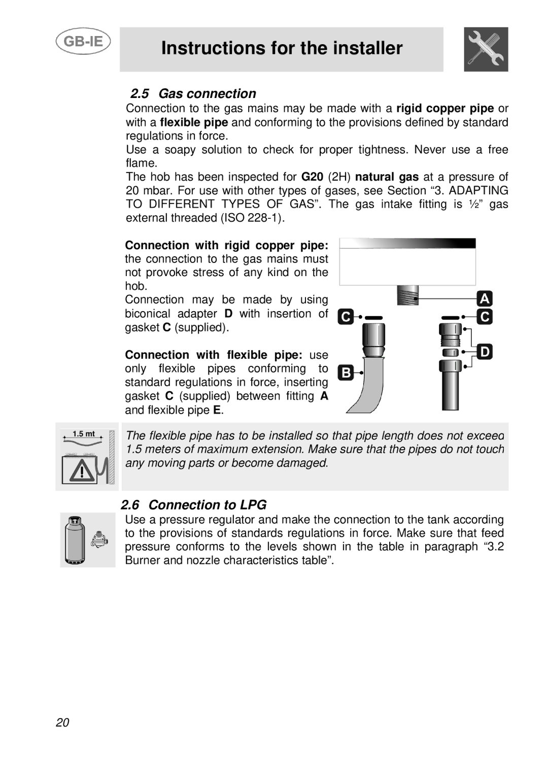 Smeg A36A6PXAA, A21H7D2AA, A30E6FXAA manual Gas connection, Connection to LPG 