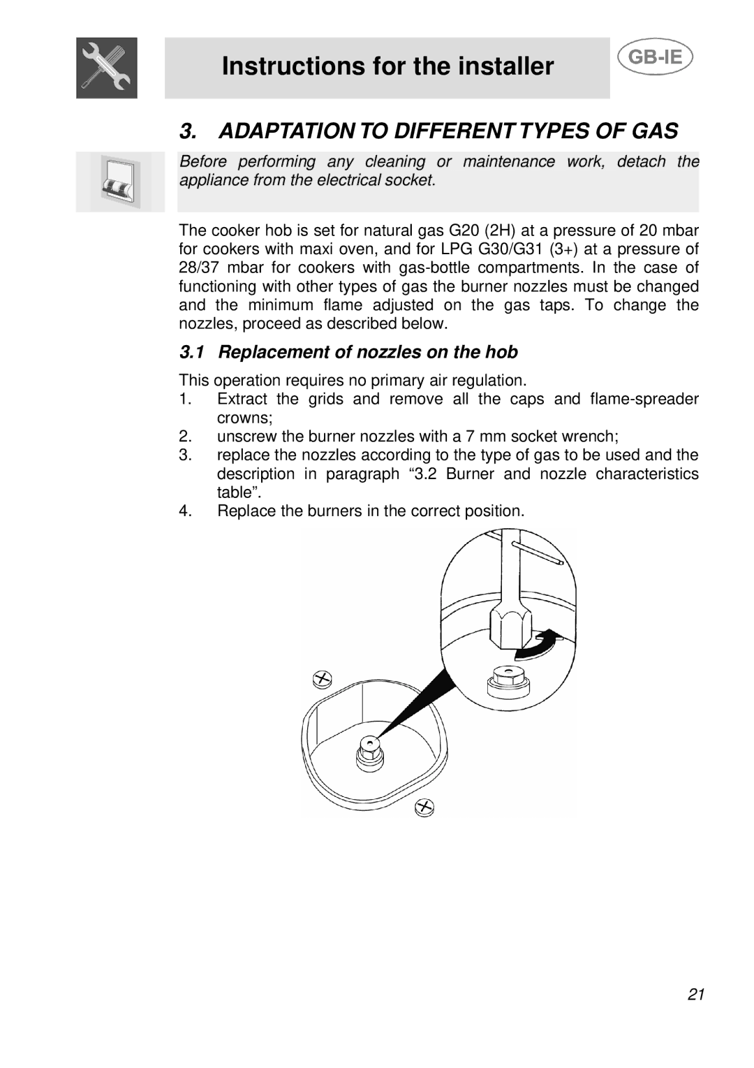 Smeg A21H7D2AA, A36A6PXAA, A30E6FXAA manual Adaptation to Different Types of GAS, Replacement of nozzles on the hob 