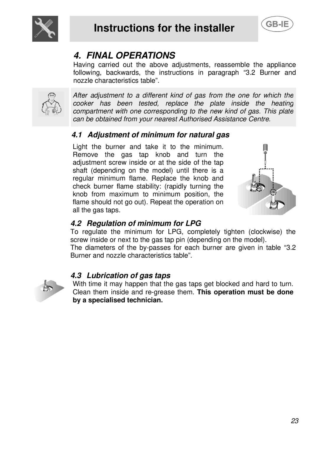 Smeg A36A6PXAA, A21H7D2AA, A30E6FXAA Final Operations, Adjustment of minimum for natural gas, Regulation of minimum for LPG 