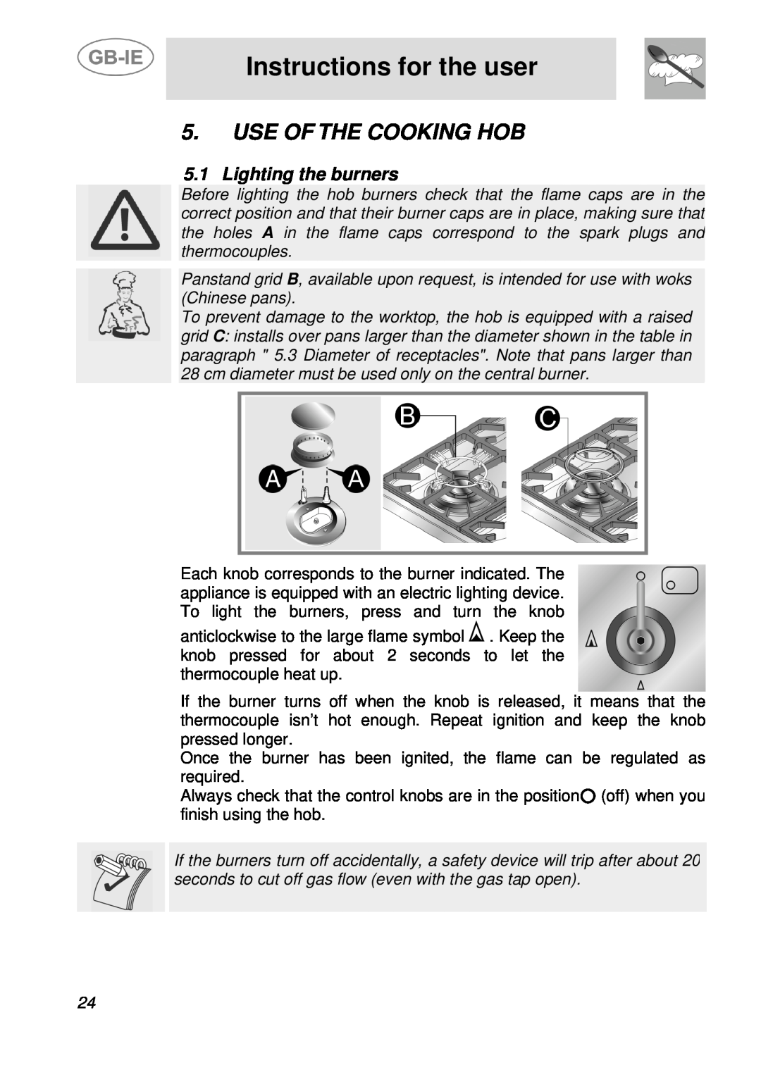 Smeg A21H7D2AA, A36A6PXAA, A30E6FXAA manual Instructions for the user, Use Of The Cooking Hob, Lighting the burners 