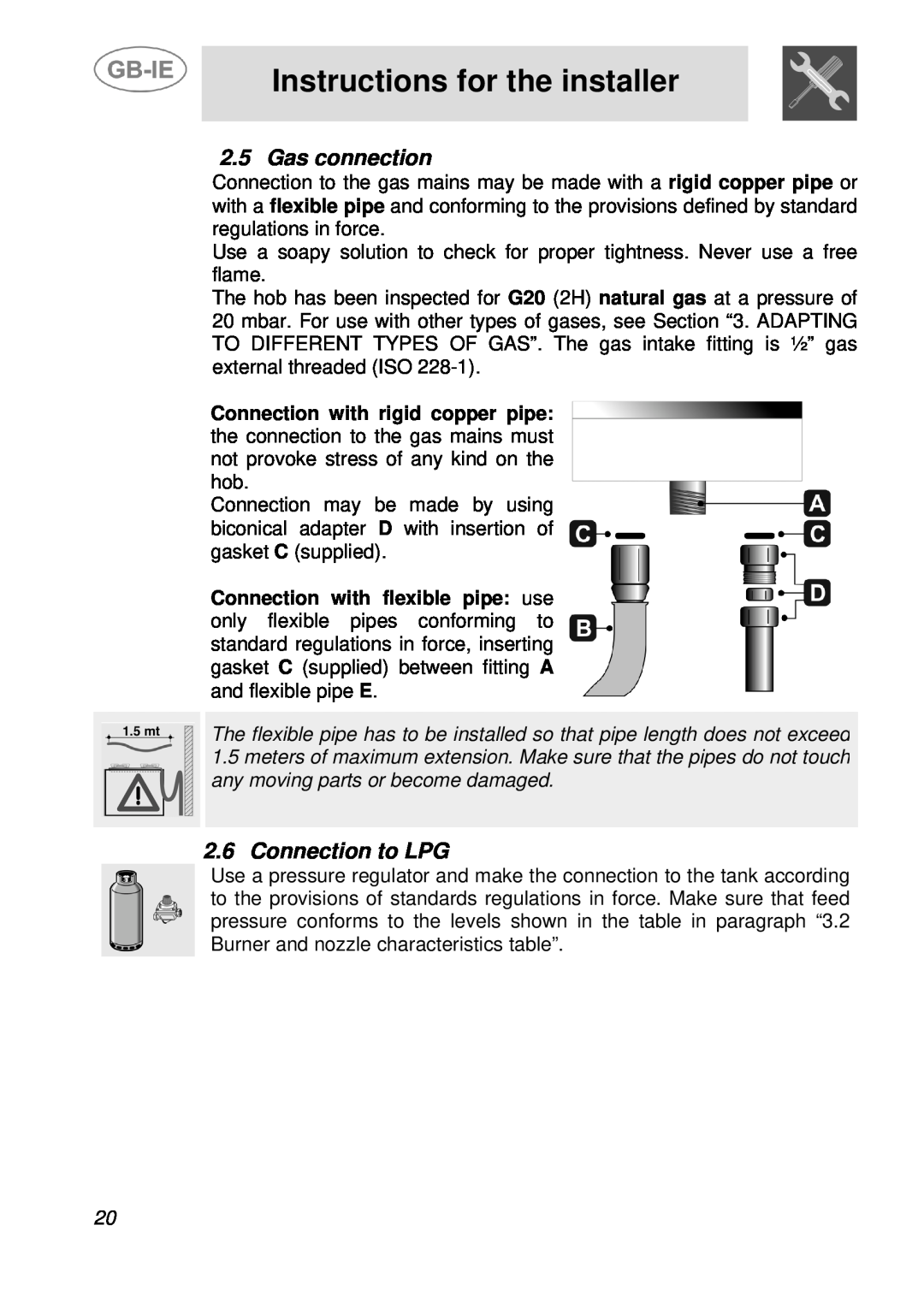 Smeg A36A6PXAA, A21H7D2AA, A30E6FXAA manual Gas connection, Connection to LPG, Instructions for the installer 