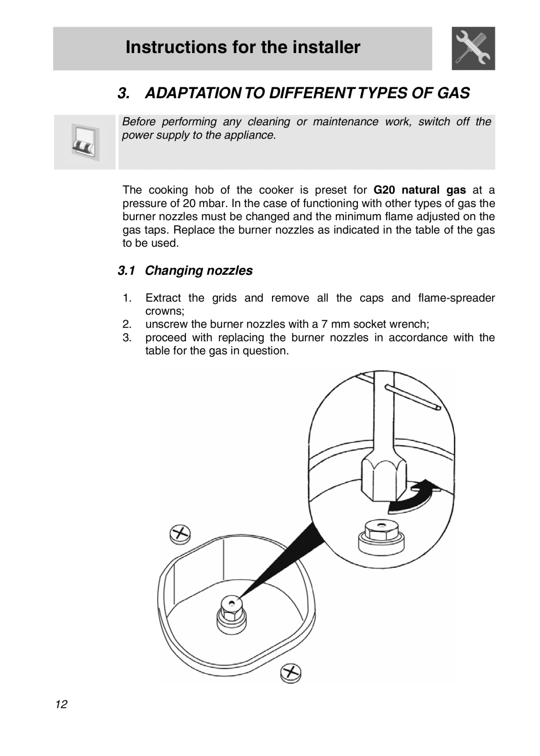 Smeg A3SX manual Adaptation to Different Types of GAS, Changing nozzles 