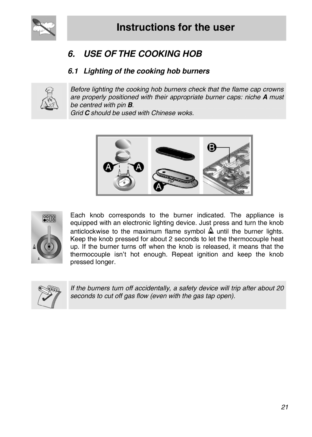 Smeg A3SX manual USE of the Cooking HOB, Lighting of the cooking hob burners 