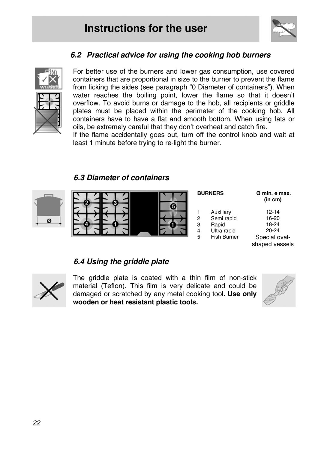 Smeg A3SX manual Practical advice for using the cooking hob burners, Diameter of containers, Using the griddle plate 