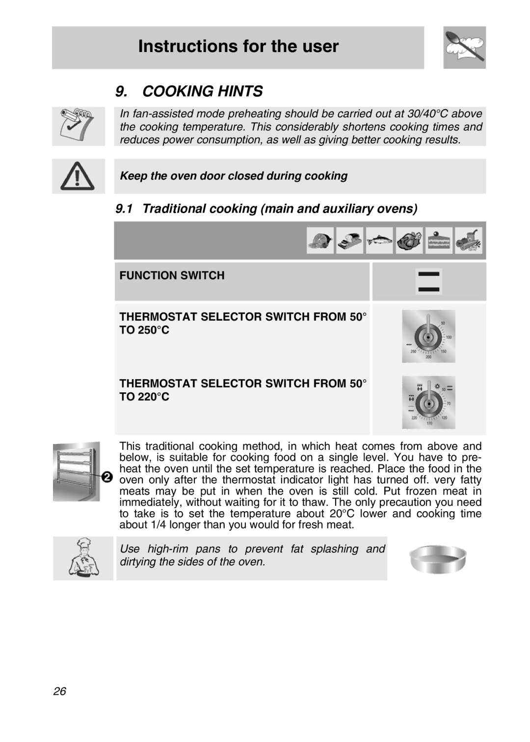 Smeg A3SX Cooking Hints, Traditional cooking main and auxiliary ovens, Function Switch Thermostat Selector Switch from 