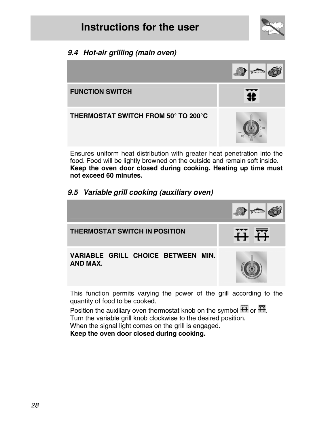 Smeg A3SX manual Hot-air grilling main oven, Variable grill cooking auxiliary oven 