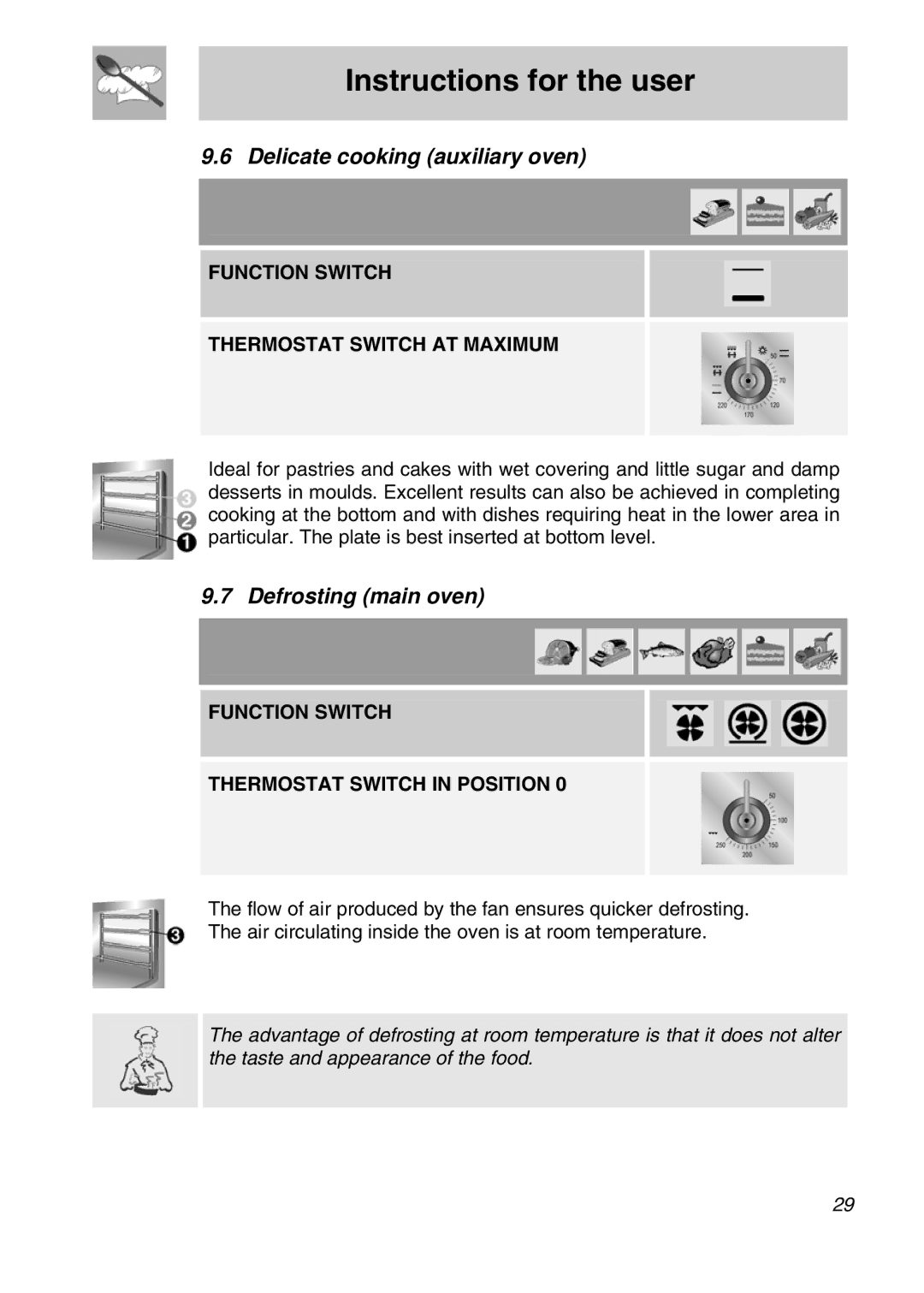 Smeg A3SX manual Delicate cooking auxiliary oven, Defrosting main oven, Function Switch Thermostat Switch in Position 