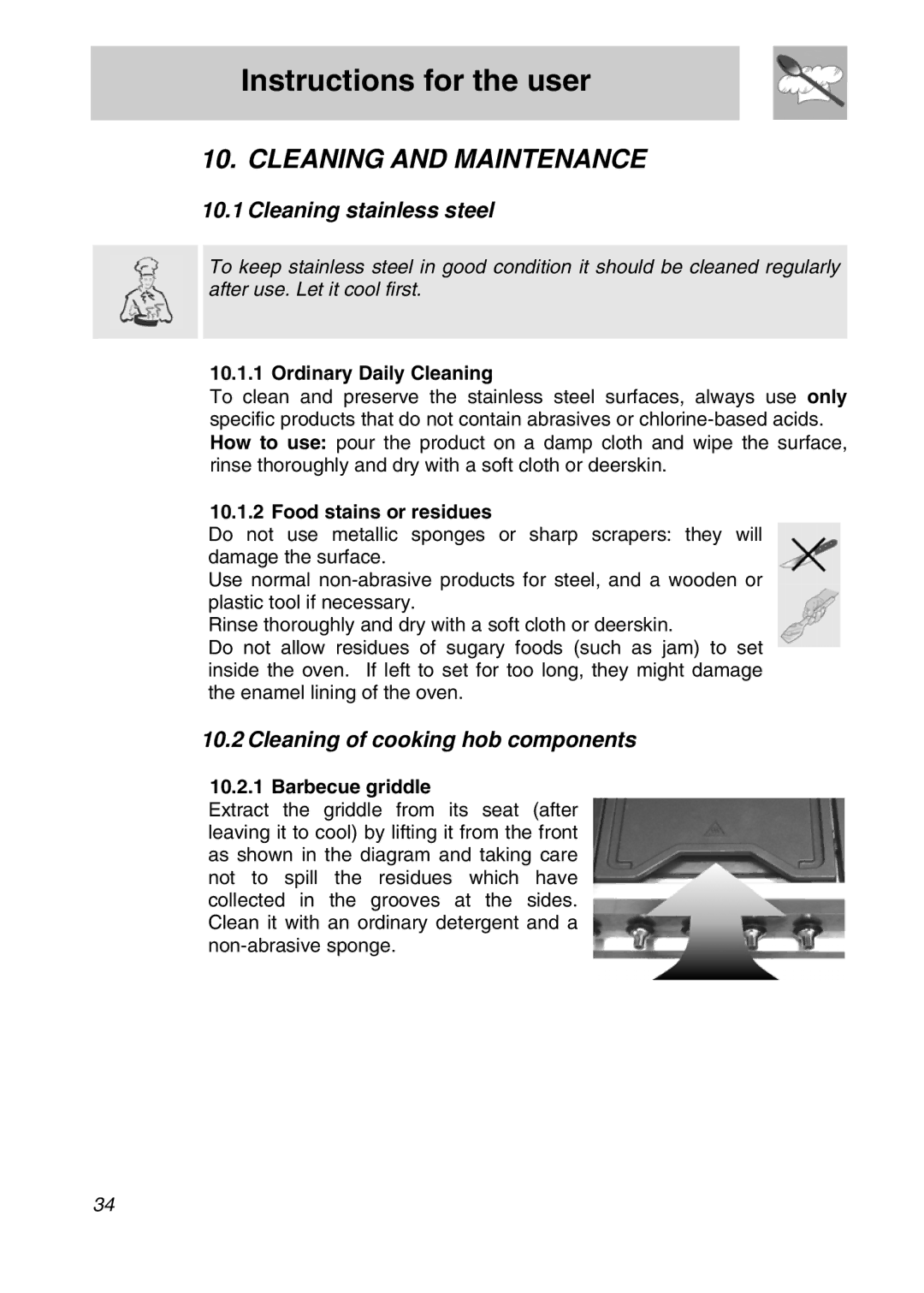 Smeg A3SX manual Cleaning and Maintenance, Cleaning stainless steel, Cleaning of cooking hob components 