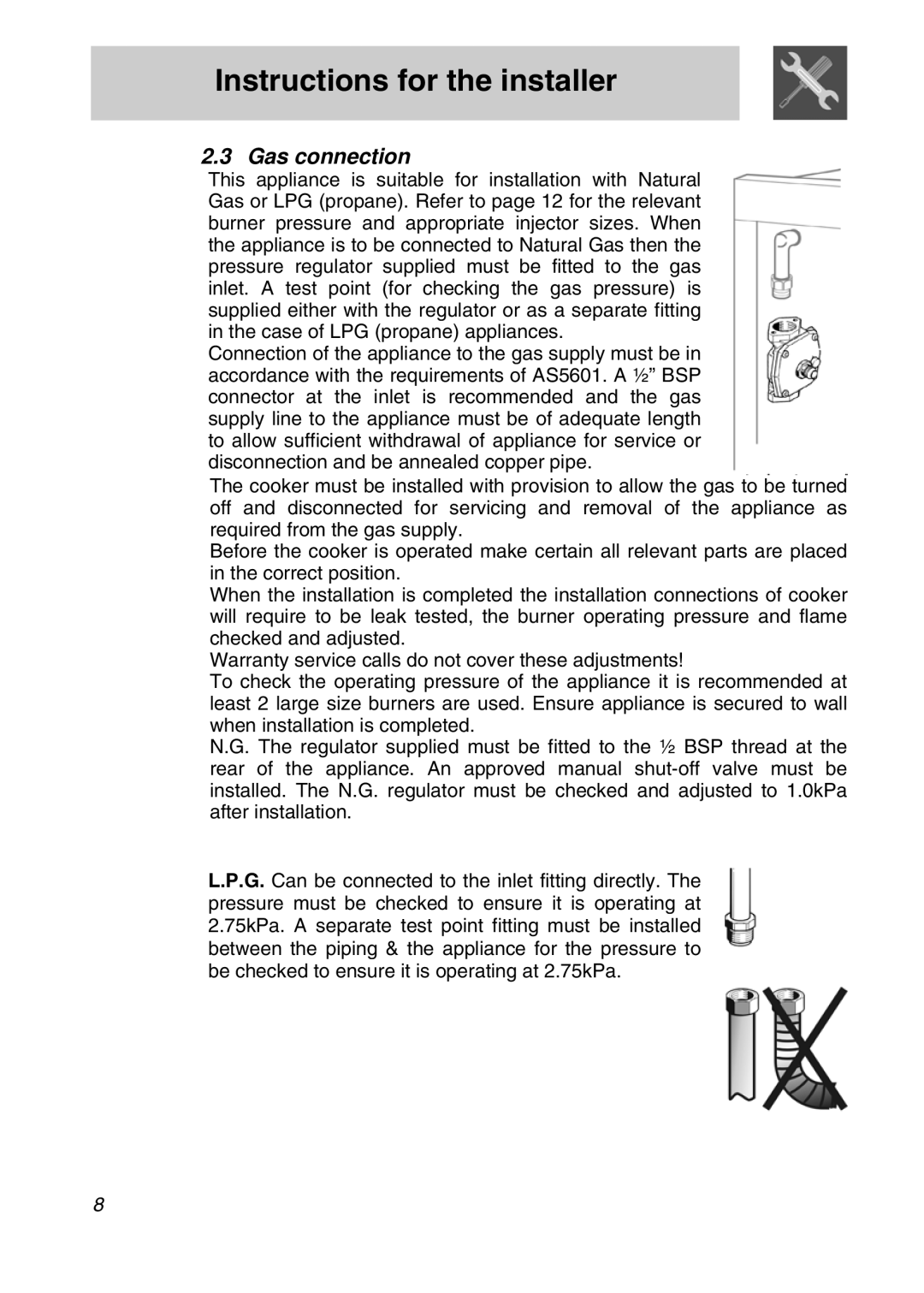 Smeg A3SX manual Gas connection 