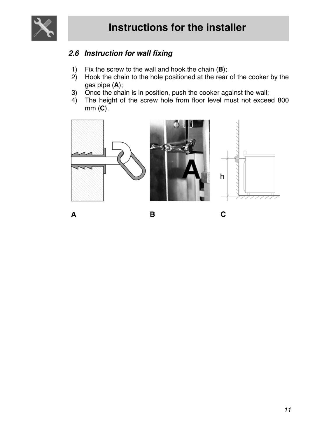 Smeg A3SX manual Instruction for wall fixing 