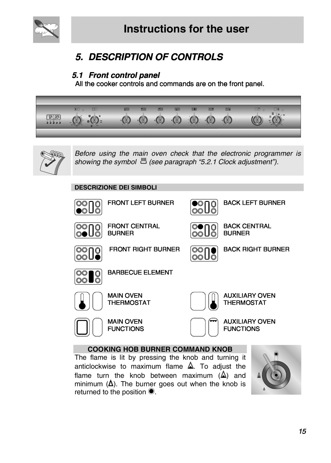 Smeg A3SX Instructions for the user, Description Of Controls, 5.1Front control panel, Cooking Hob Burner Command Knob 
