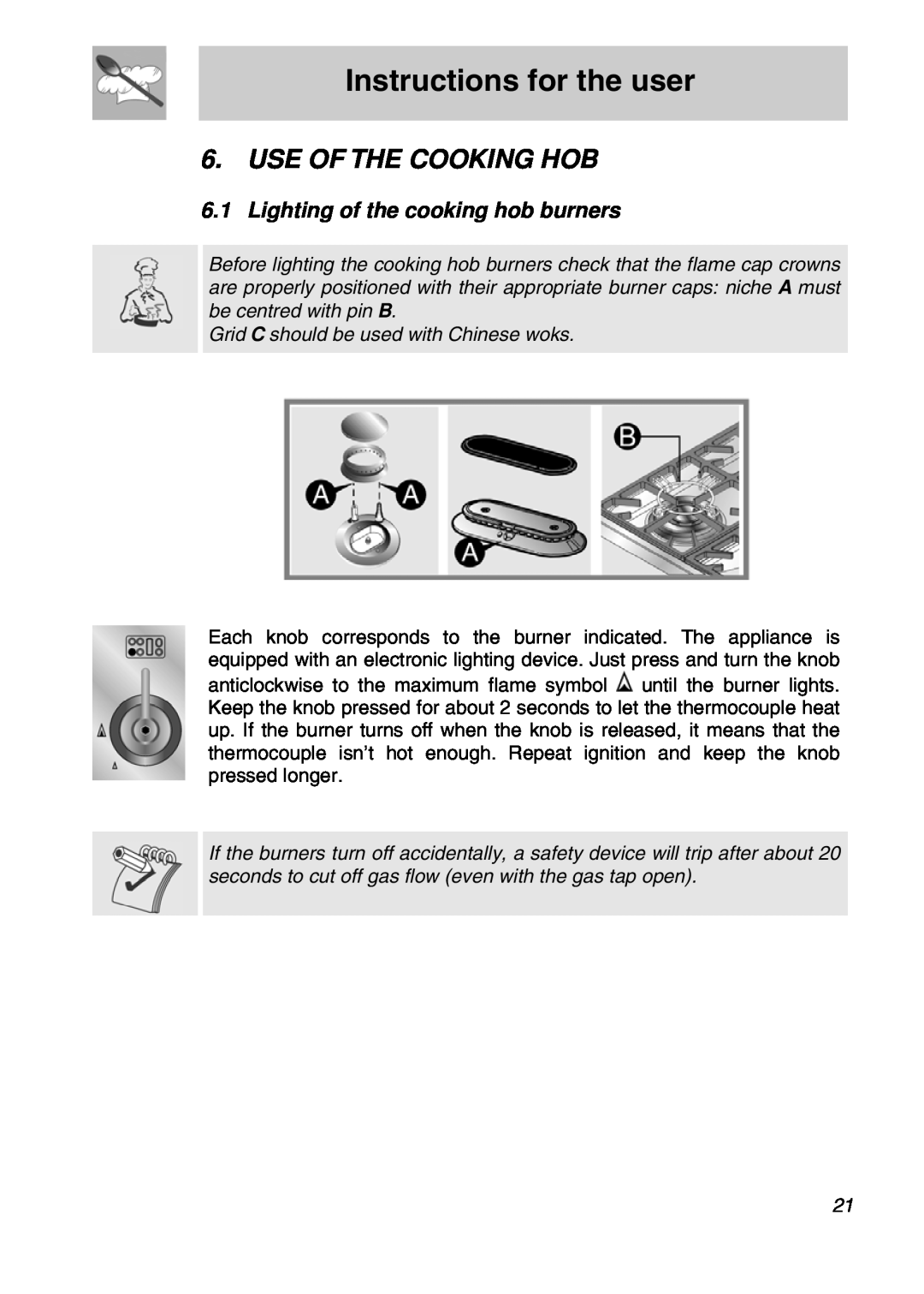 Smeg A3SX manual Use Of The Cooking Hob, 6.1Lighting of the cooking hob burners, Instructions for the user 