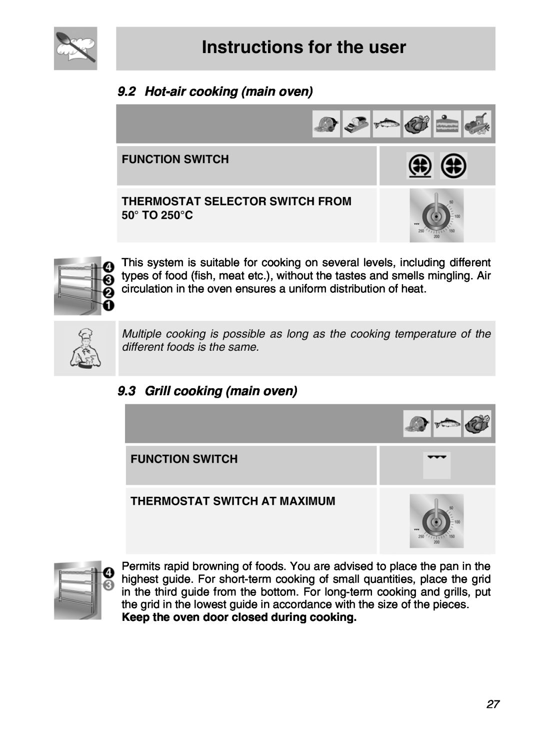 Smeg A3SX manual Hot-aircooking main oven, Grill cooking main oven, Instructions for the user, Function Switch 