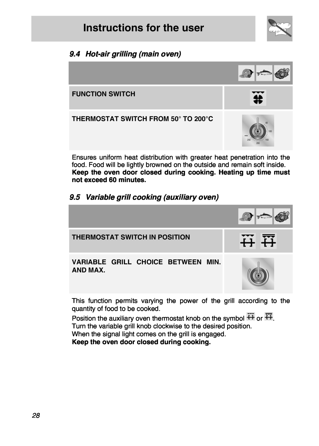 Smeg A3SX manual Hot-airgrilling main oven, Variable grill cooking auxiliary oven, Instructions for the user 