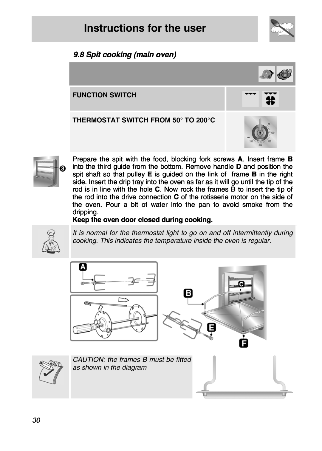 Smeg A3SX manual Spit cooking main oven, Instructions for the user, FUNCTION SWITCH THERMOSTAT SWITCH FROM 50 TO 200C 