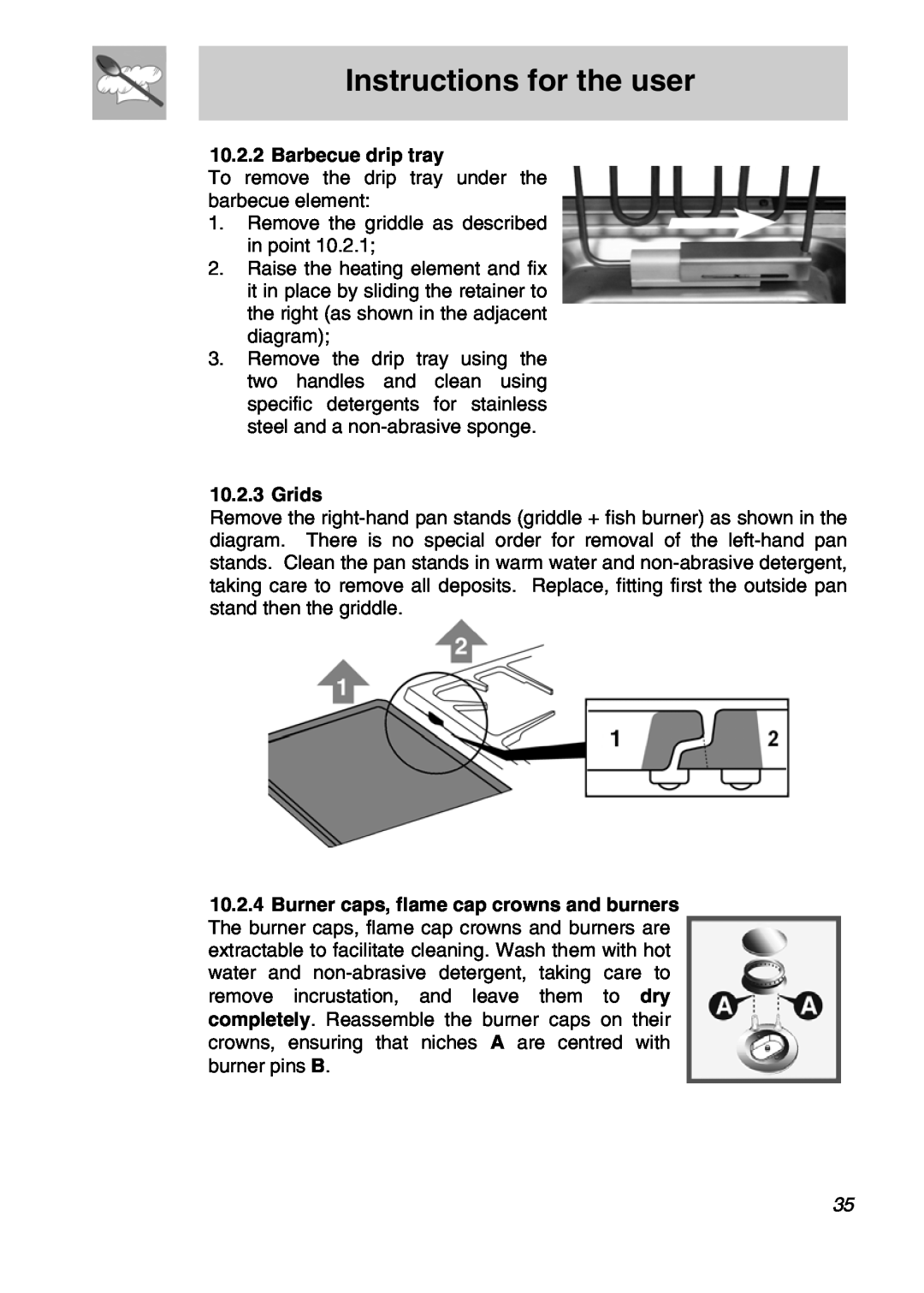 Smeg A3SX manual Instructions for the user, Barbecue drip tray, 10.2.3Grids 