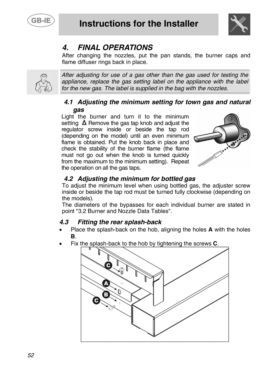 Smeg A4-5 manual Final Operations, Adjusting the minimum setting for town gas and natural gas, Fitting the rear splash-back 