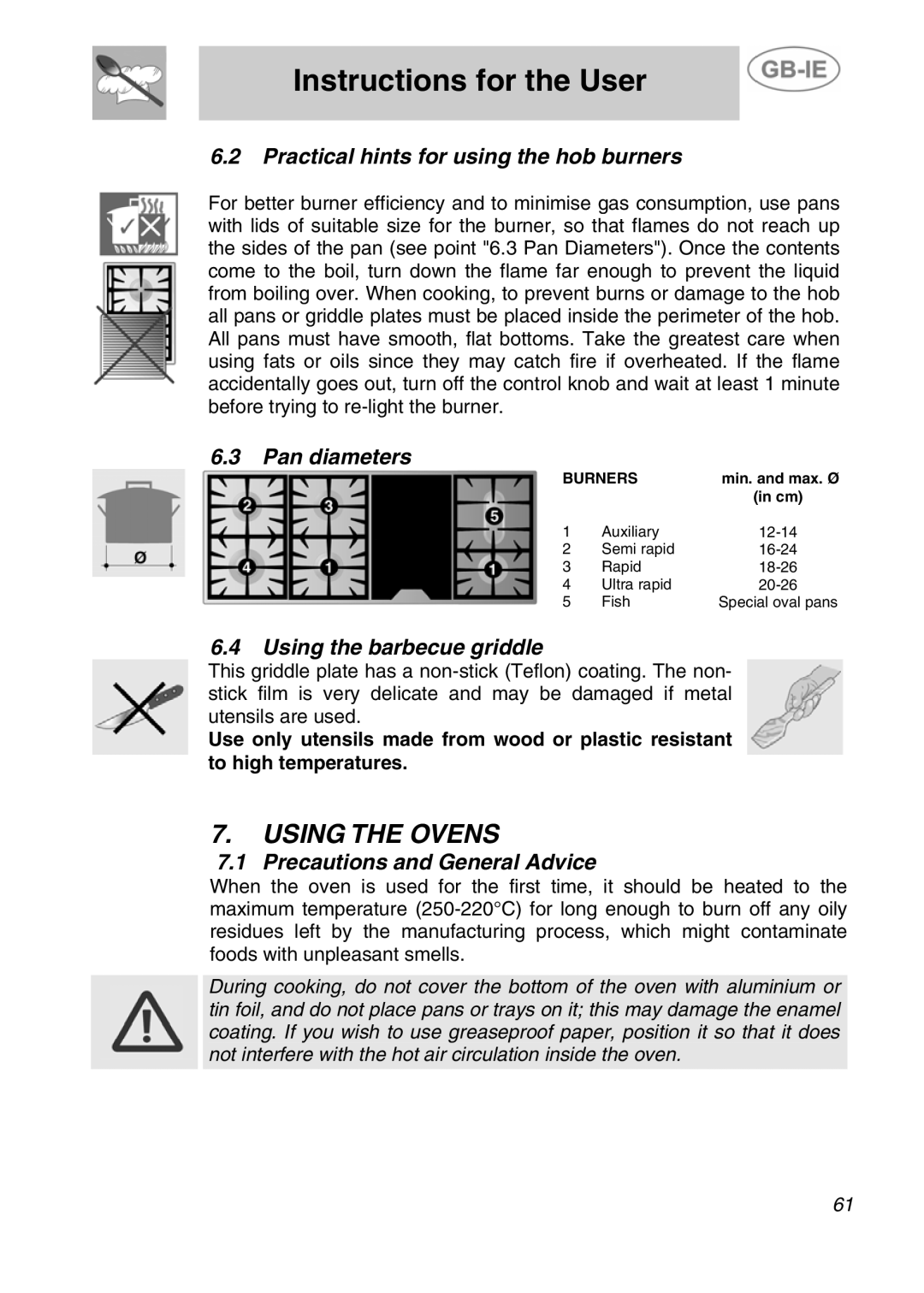 Smeg A4-5 manual Using the Ovens, Practical hints for using the hob burners, Pan diameters, Using the barbecue griddle 