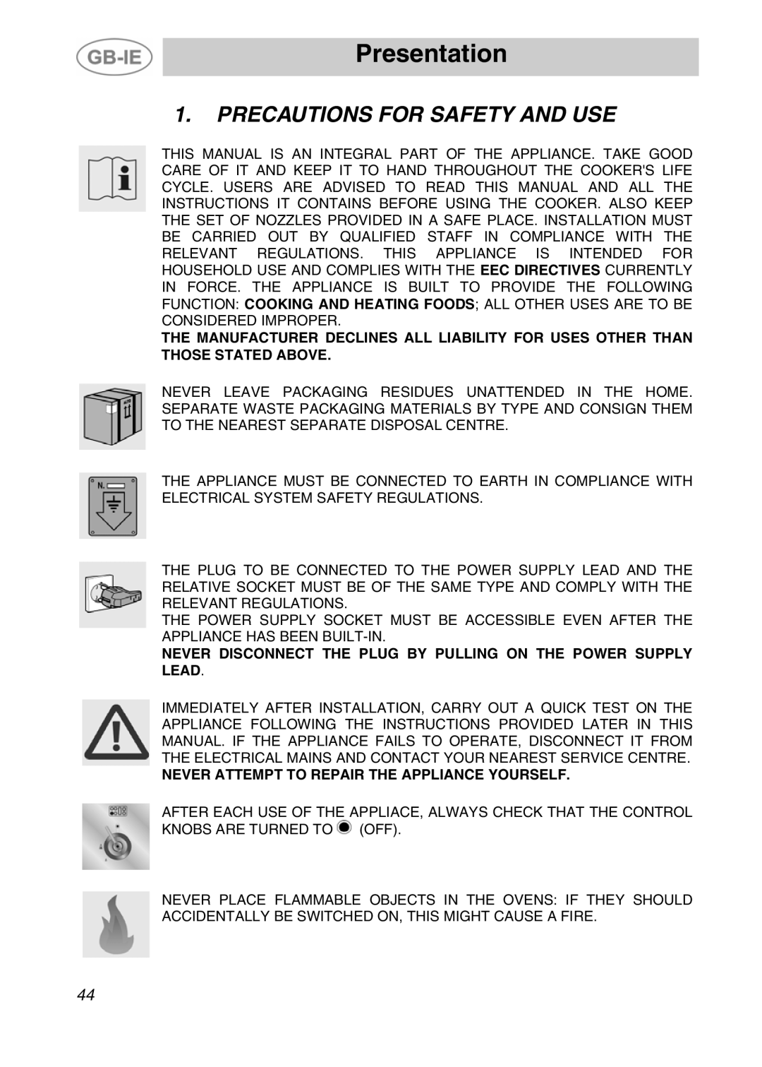 Smeg A4-5 manual Presentation, Precautions for Safety and USE 