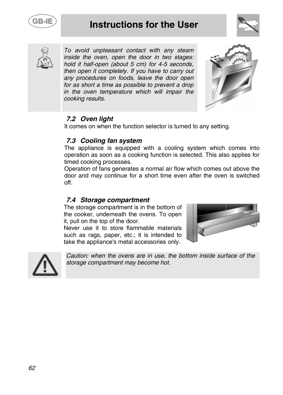 Smeg A4-5 manual Oven light, Cooling fan system, Storage compartment 