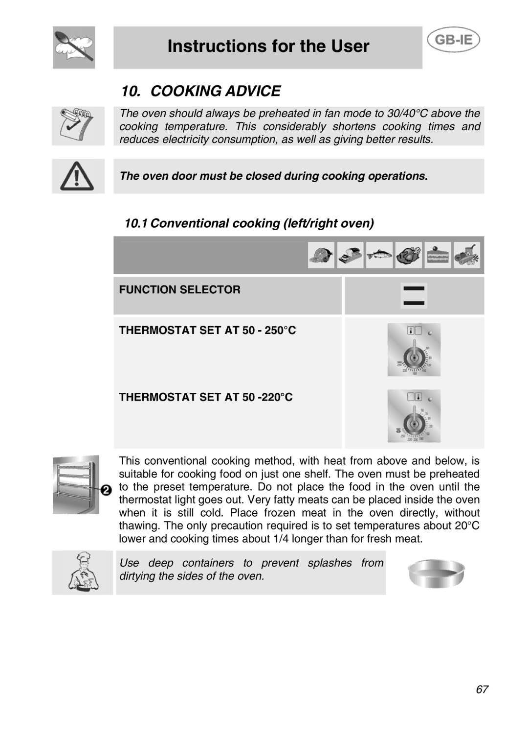 Smeg A4-5 manual Cooking Advice, Conventional cooking left/right oven 